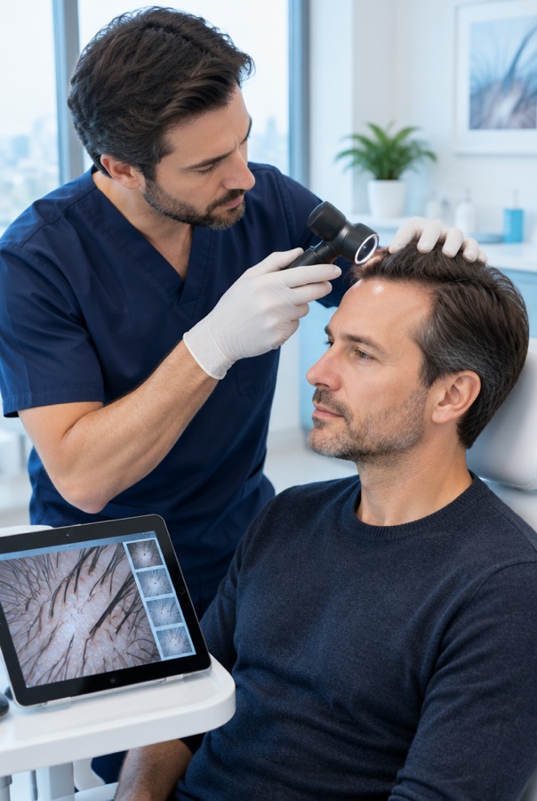 Hekimin dermatoskop ile saç çizgisini incelemesi